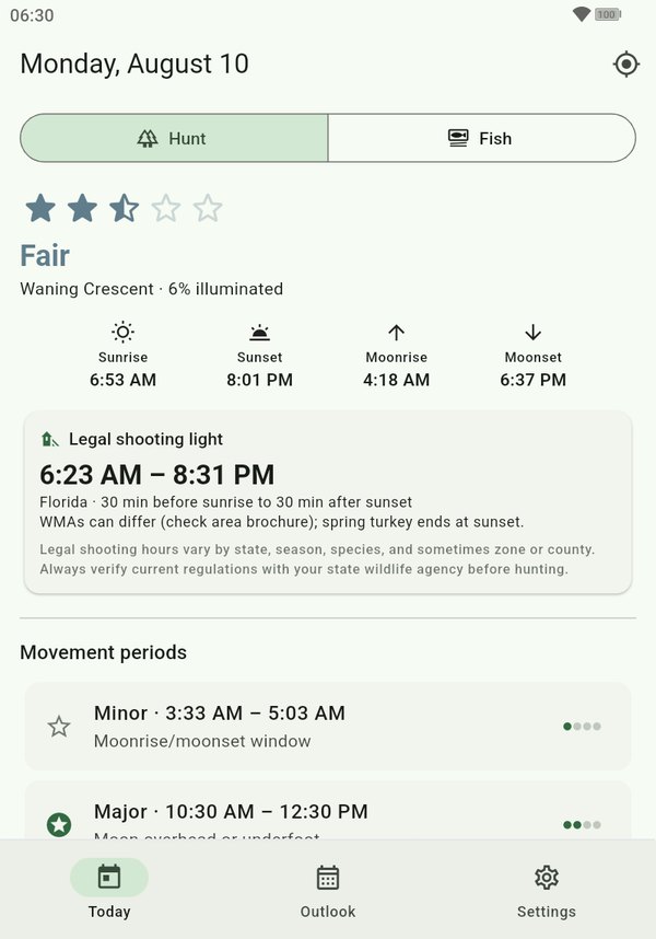 Today screen showing the day rating, sun and moon times, legal shooting light and movement periods
