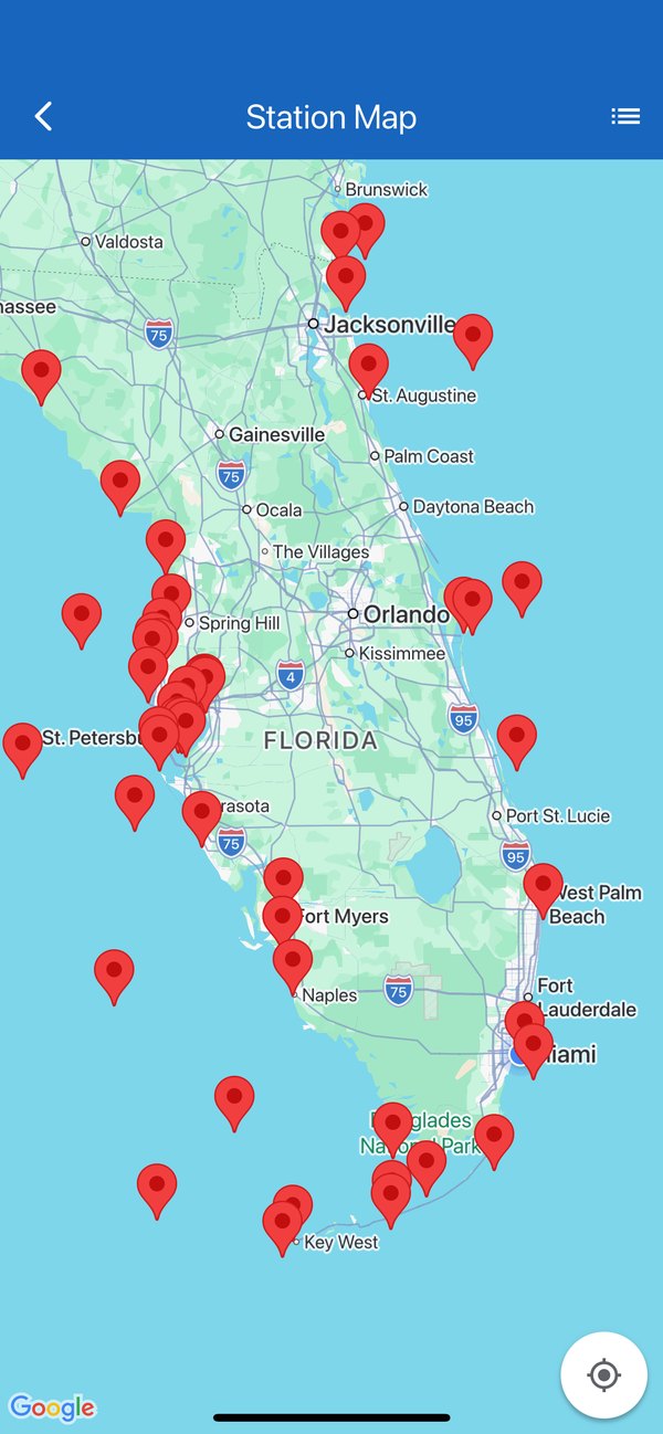 Map screen showing NOAA buoy stations plotted along the coast