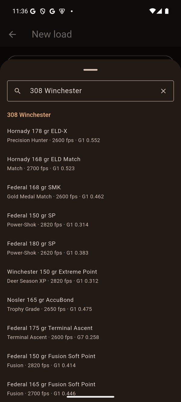 Load picker listing factory loads for 308 Winchester with velocities and ballistic coefficients