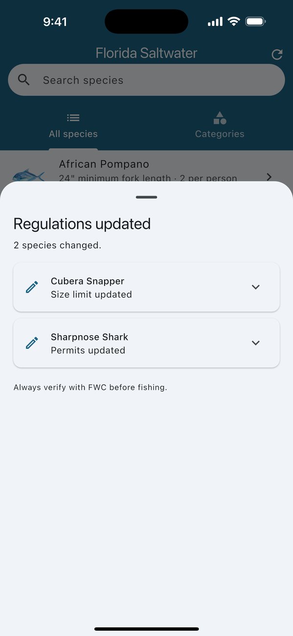 Screen listing which species had regulation changes and what changed