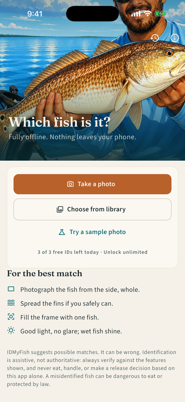 Home screen: take a photo, choose from library, or try a sample photo, with tips for getting the best match