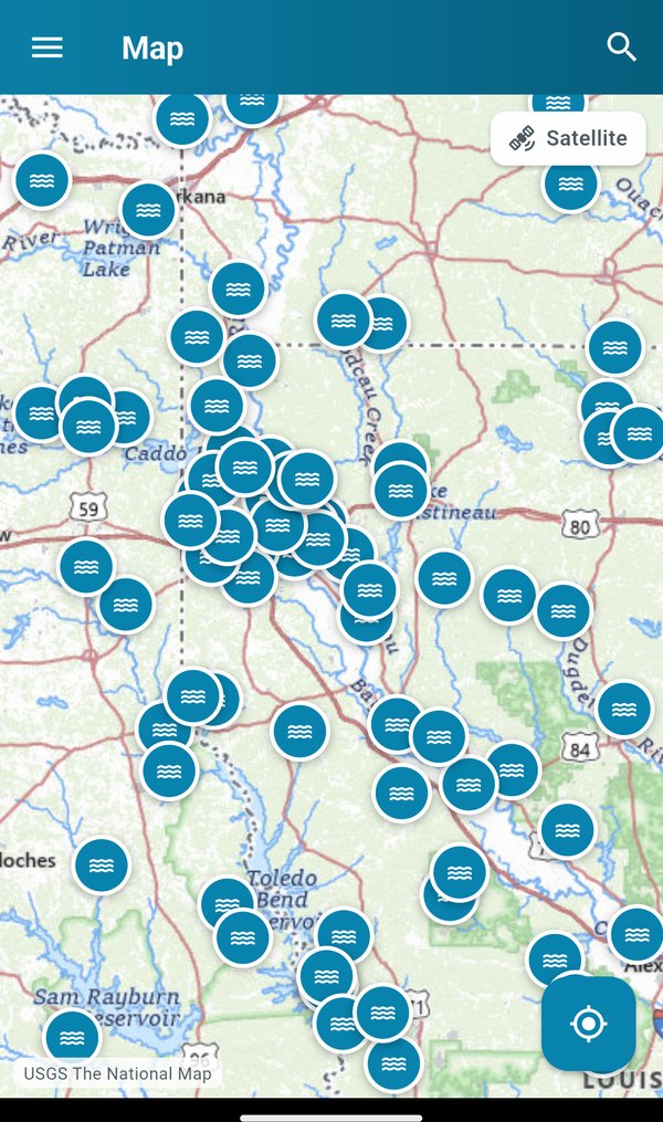 Map of river gauges on a USGS topographic basemap with a satellite toggle