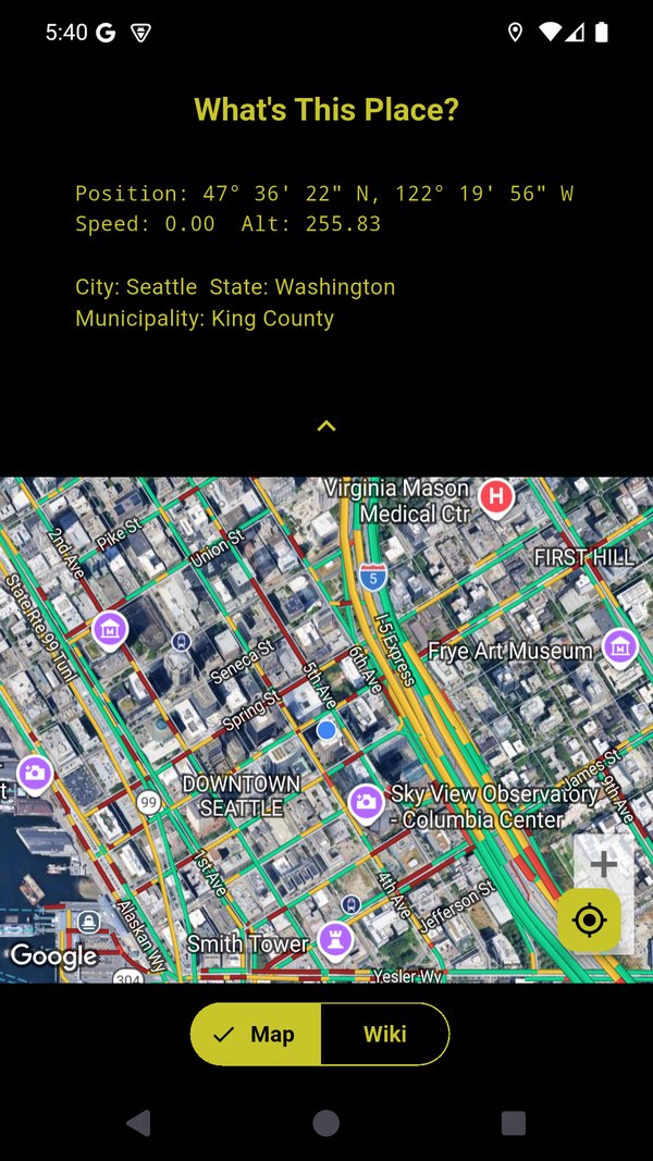App showing position, speed, altitude, city, state and county above a map with live traffic