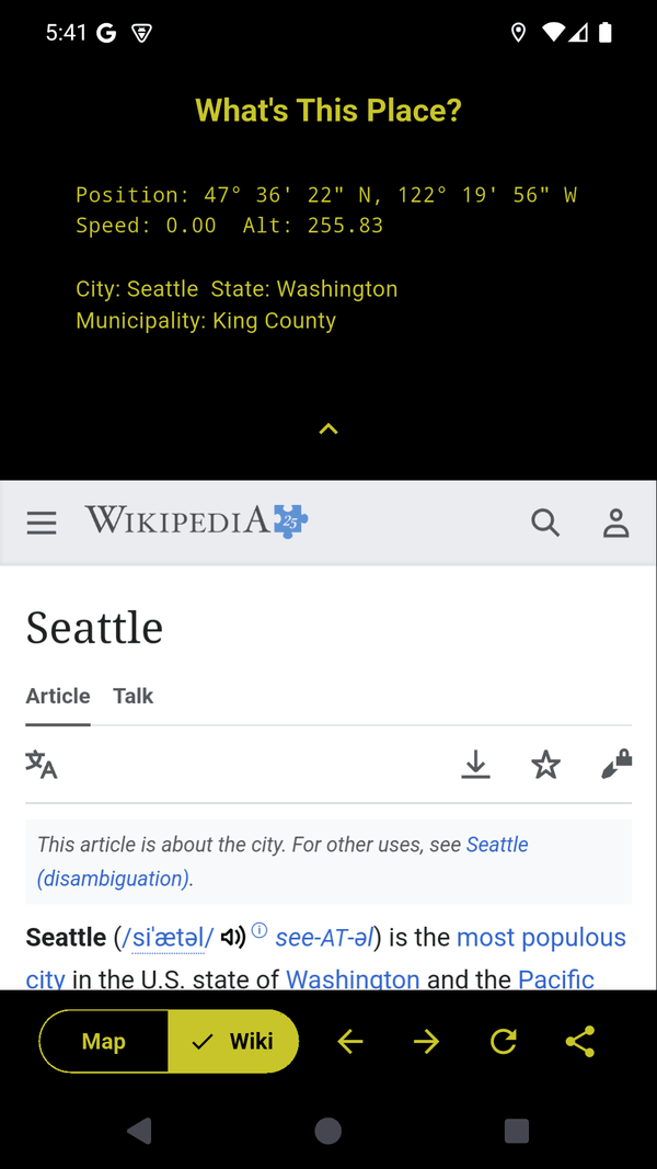 The Wikipedia article for the current city opened inside the app